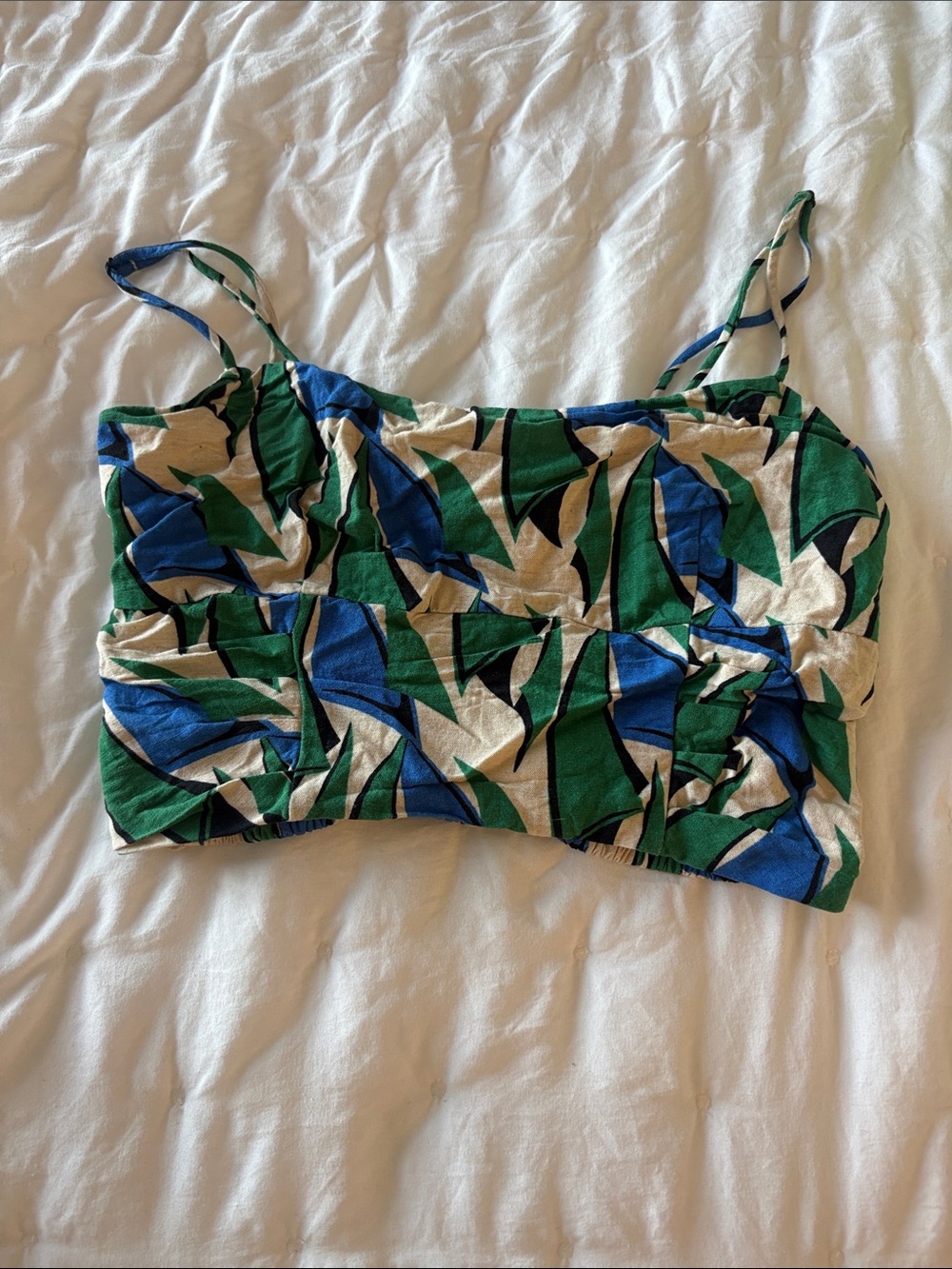 Zara Blue & Green Leaf-Print Cropped Camisole